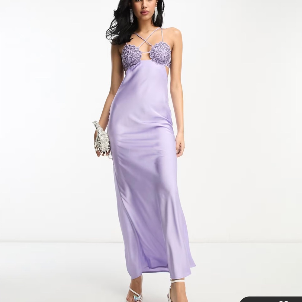 Asos design embellished crochet cut satin midi dress in lilac/purple